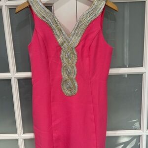 Pink Lily Vibrant Pink Mini Dress with Gold Detailing